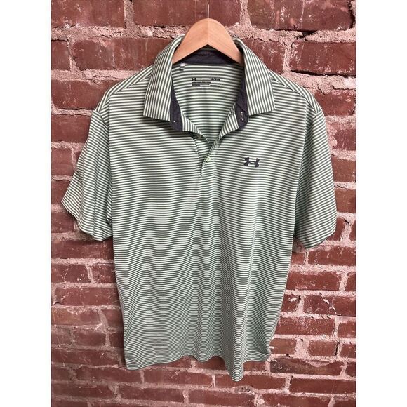 Under Armour Mens Polo Shirt Green Large Striped - Picture 1 of 3